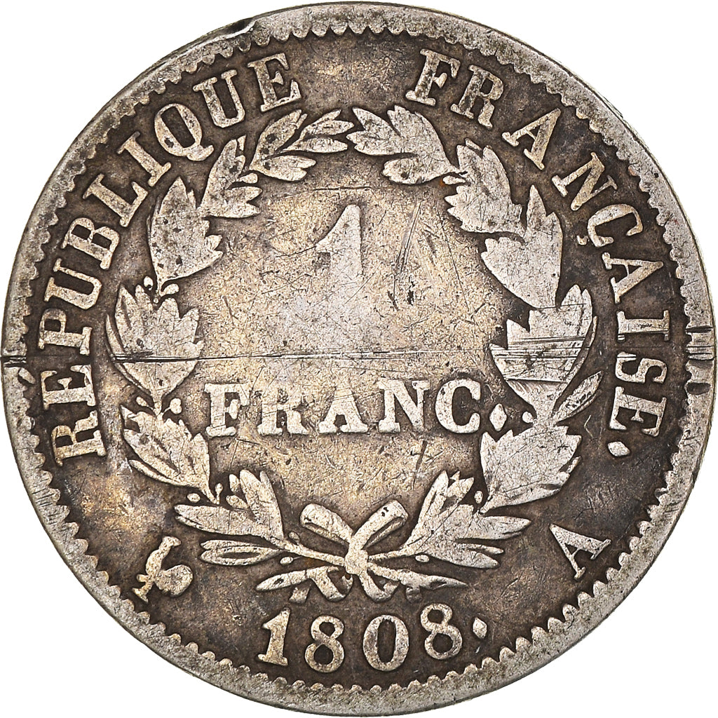 Moneda, Francia, Napoléon I, Franc, 1808, Paris, BC+, Plata, KM:682.1