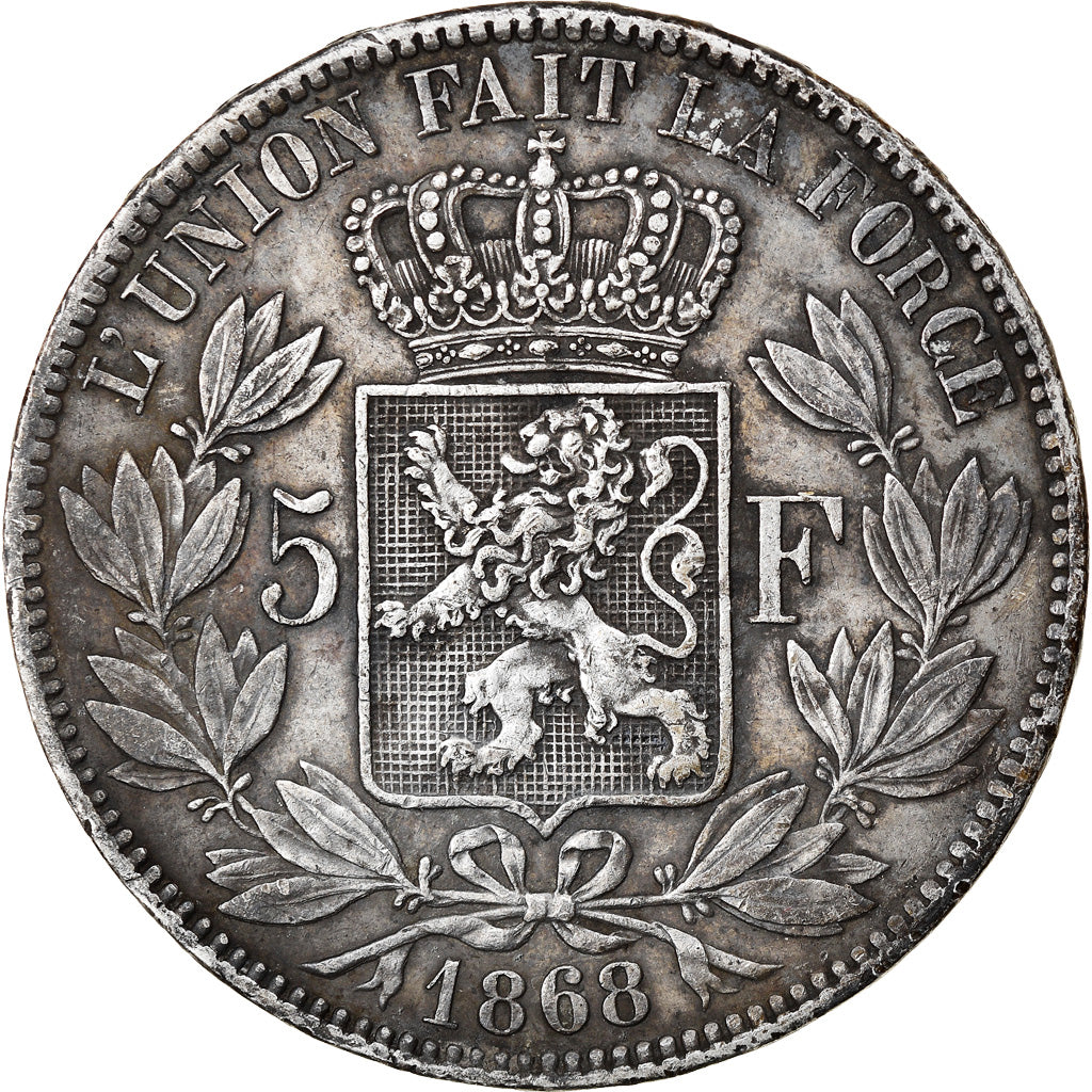 Moneta, Belgia, Leopold II, 5 Francs, 5 Frank, 1868, AU(50-53), Srebro, KM:24