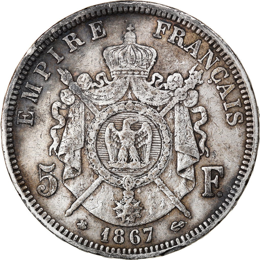 Moneta, Francia, Napoleon III, 5 Francs, 1867, Paris, MB+, Argento, KM:799.1