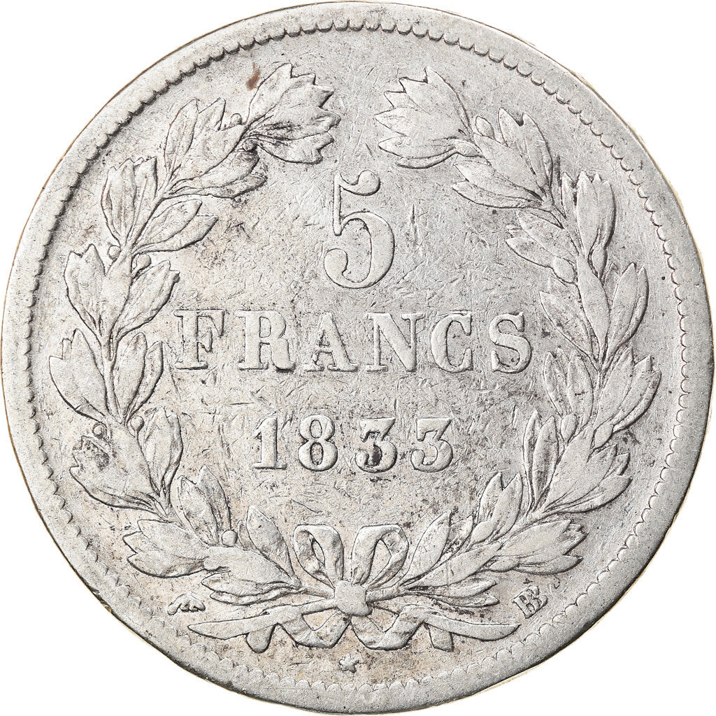 Moneta, Francia, Louis-Philippe, 5 Francs, 1833, Strasbourg, B+, Argento