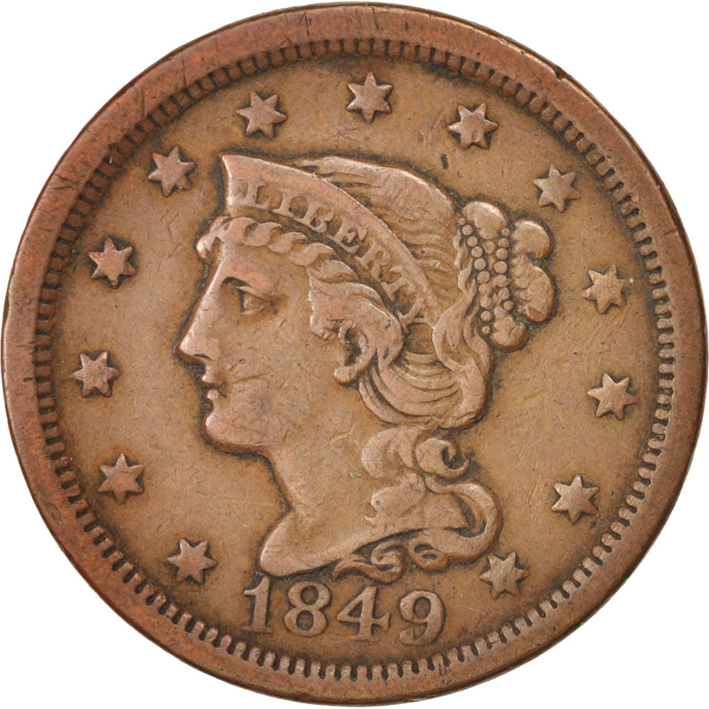 États-Unis, Braided Hair Cent, 1849, U.S. Mint, Philadelphia, TTB, Cuivre, KM:67