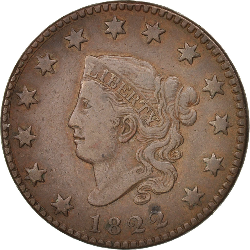 United States, Coronet Cent, 1822, U.S. Mint, EF(40-45), Copper, KM:45
