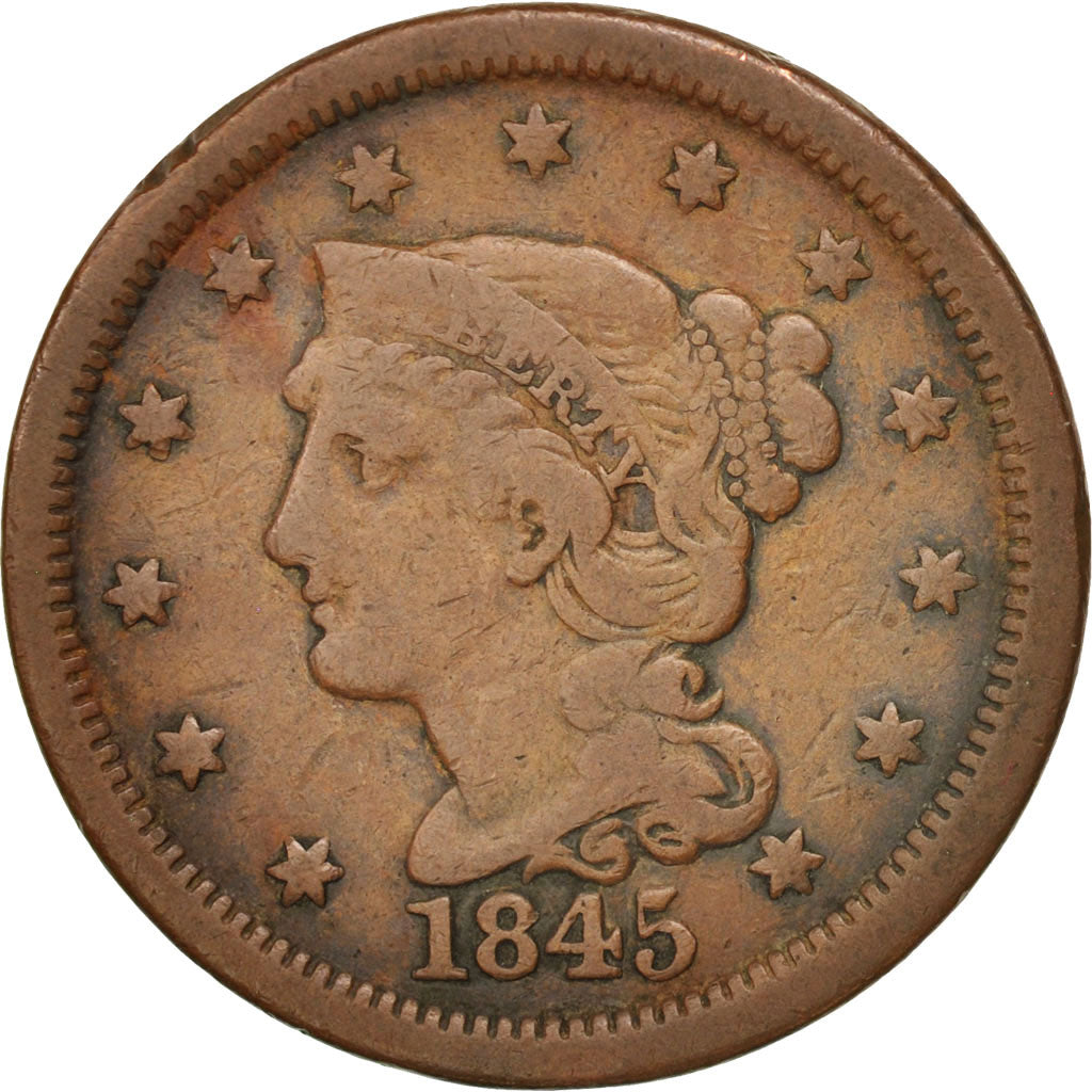 États-Unis, Braided Hair Cent, 1845, Philadelphia, TB+, KM:67