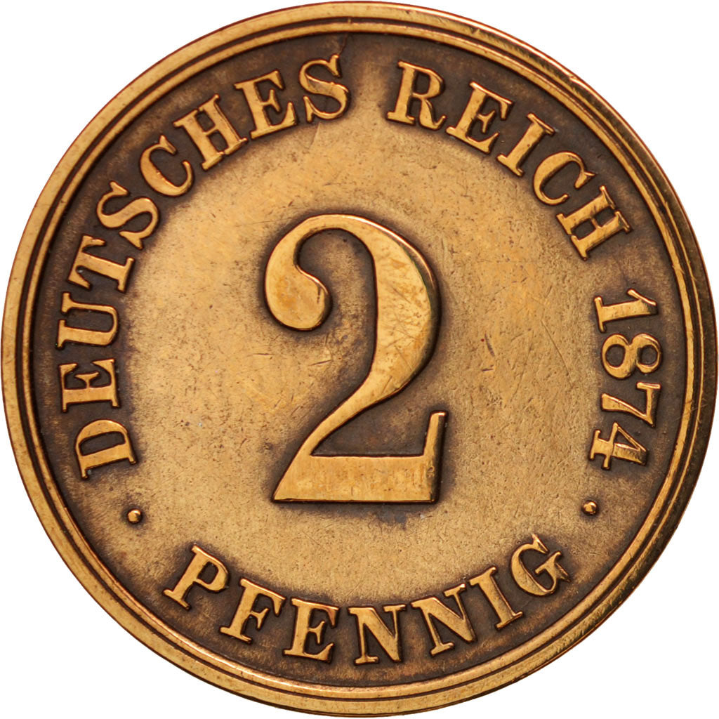 GERMANY - EMPIRE, Wilhelm I, 2 Pfennig, 1874, Frankfurt, EF(40-45), Copper, KM:2