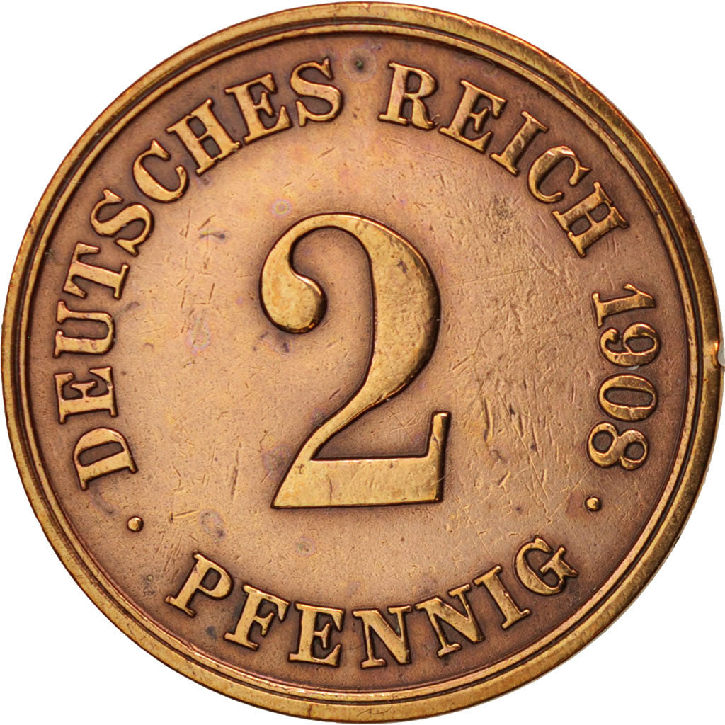 GERMANIA - IMPERO, Wilhelm II, 2 Pfennig, 1908, Muldenhütten, BB, Rame, KM:16
