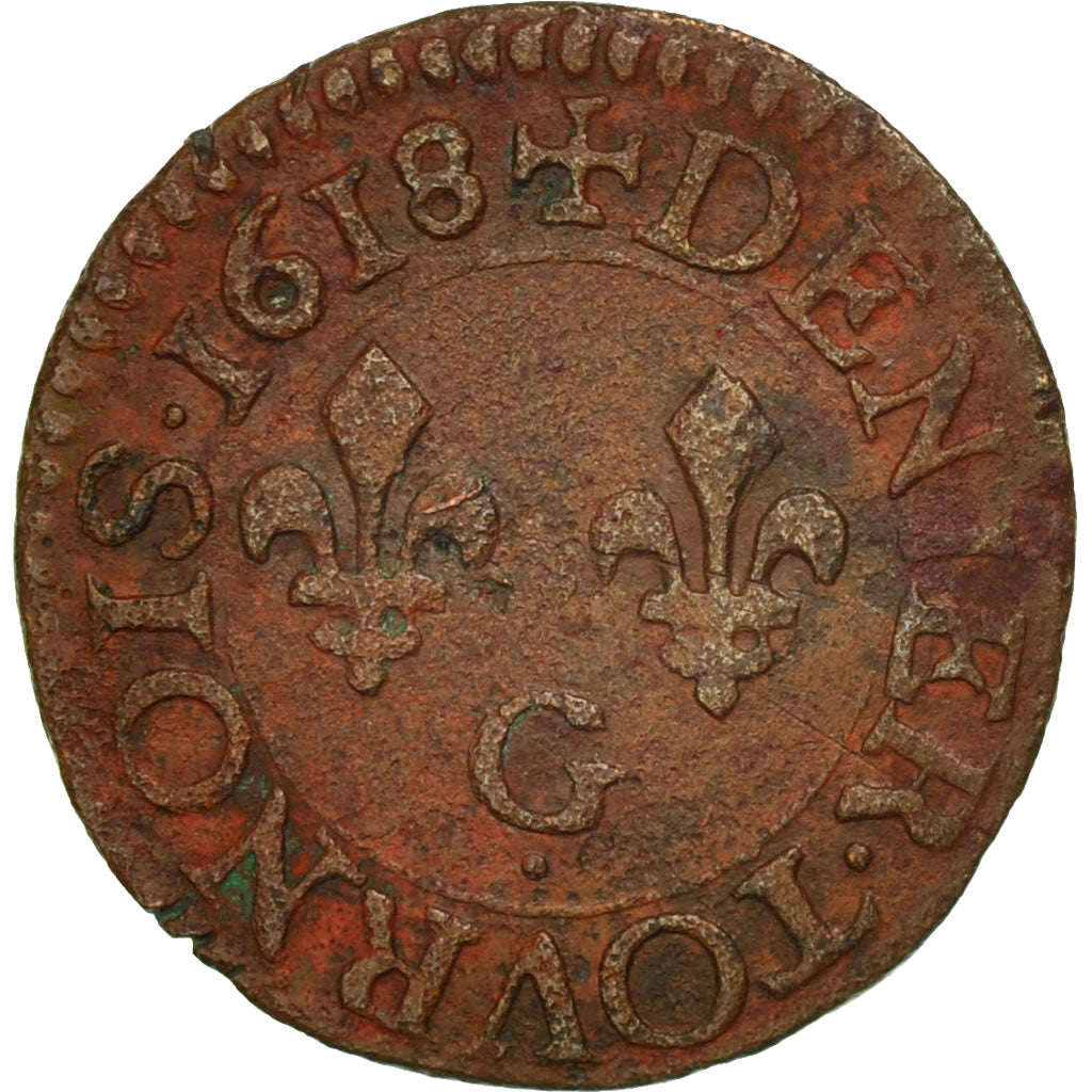 Monnaie, France, Louis XIII, Denier tournois, buste juvénile au col rabattu