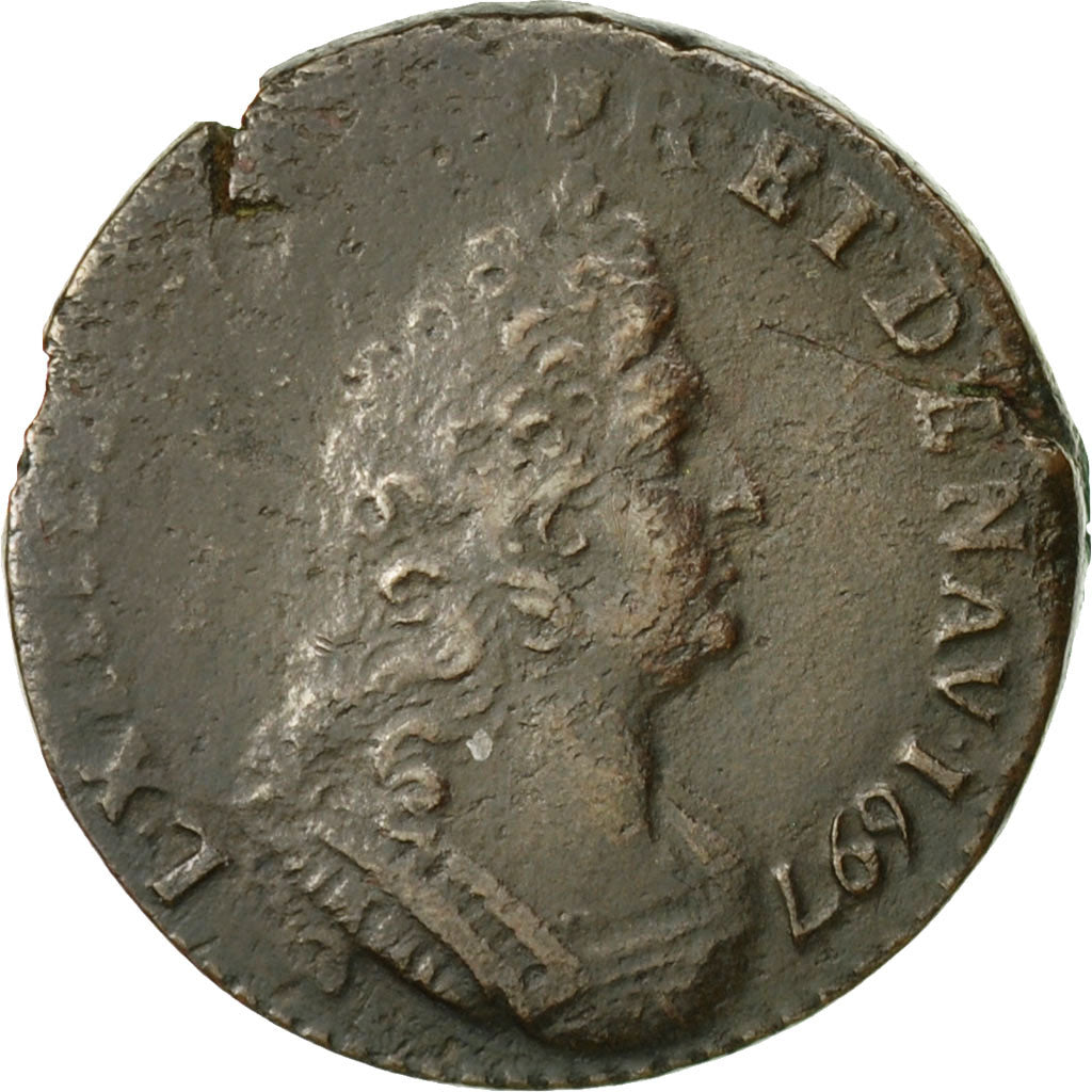 Coin, France, Louis XIV, Liard de France, 1697, Metz, EF(40-45), Copper