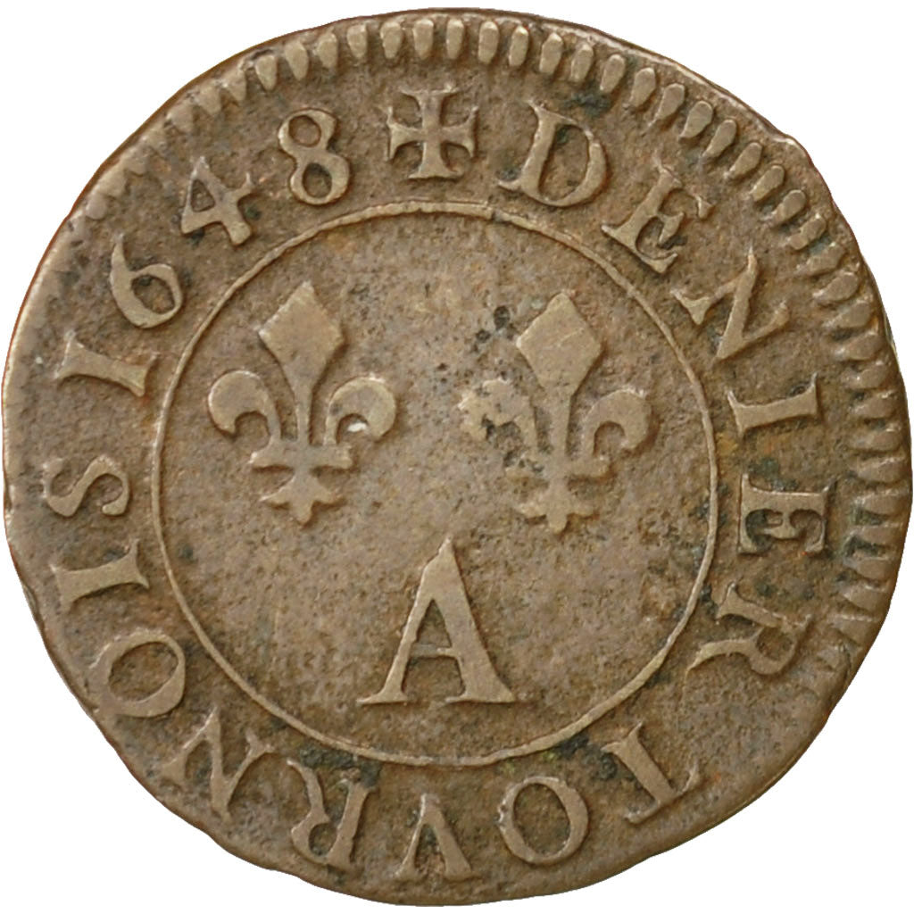 Coin, France, Louis XIV, Denier Tournois, 1648, Paris, Rare, VF(30-35), Copper