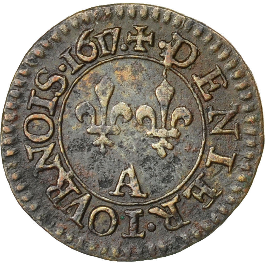 Coin, France, Louis XIII, Denier Tournois, 1617, Paris, EF(40-45), Copper