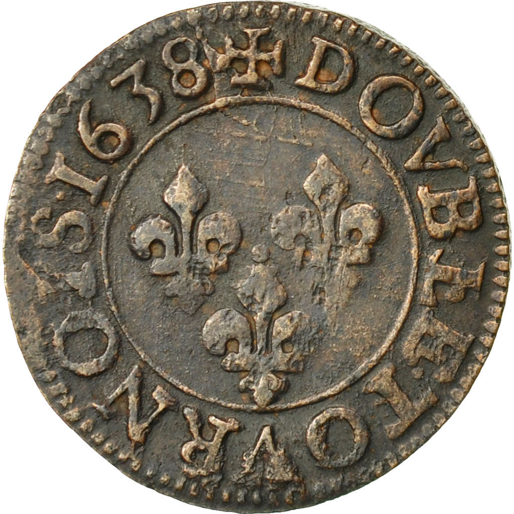 Coin, France, Louis XIII, Double Tournois, 1638, Tours, EF(40-45), Copper