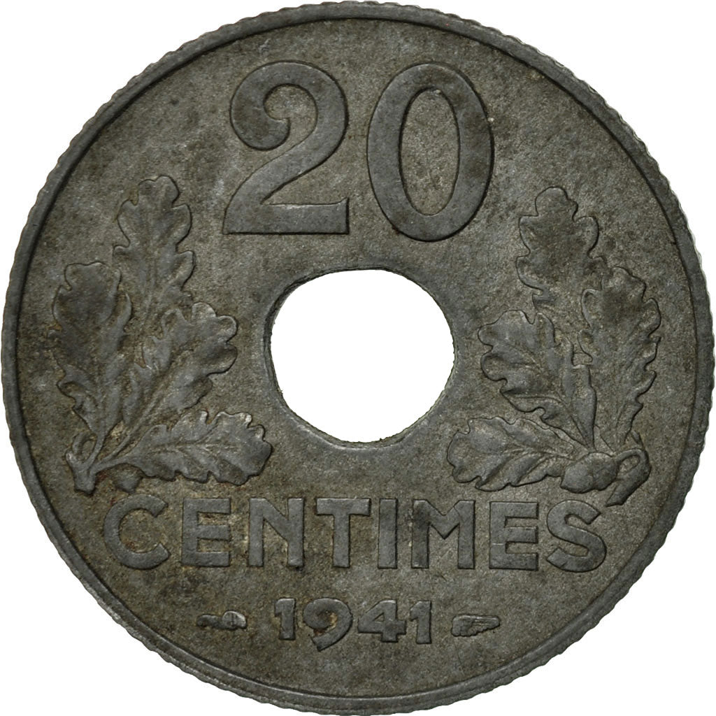 Moneta, Francia, État français, 20 Centimes, 1941, Paris, Large reeding on
