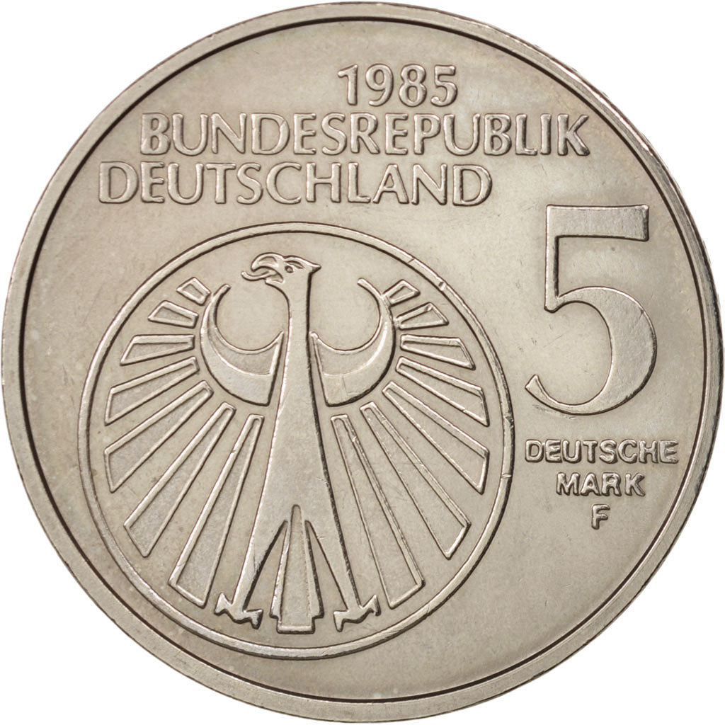 GERMANIA - REPUBBLICA FEDERALE, 5 Mark, 1985, Stuttgart, Germany, BB+, Nichel...
