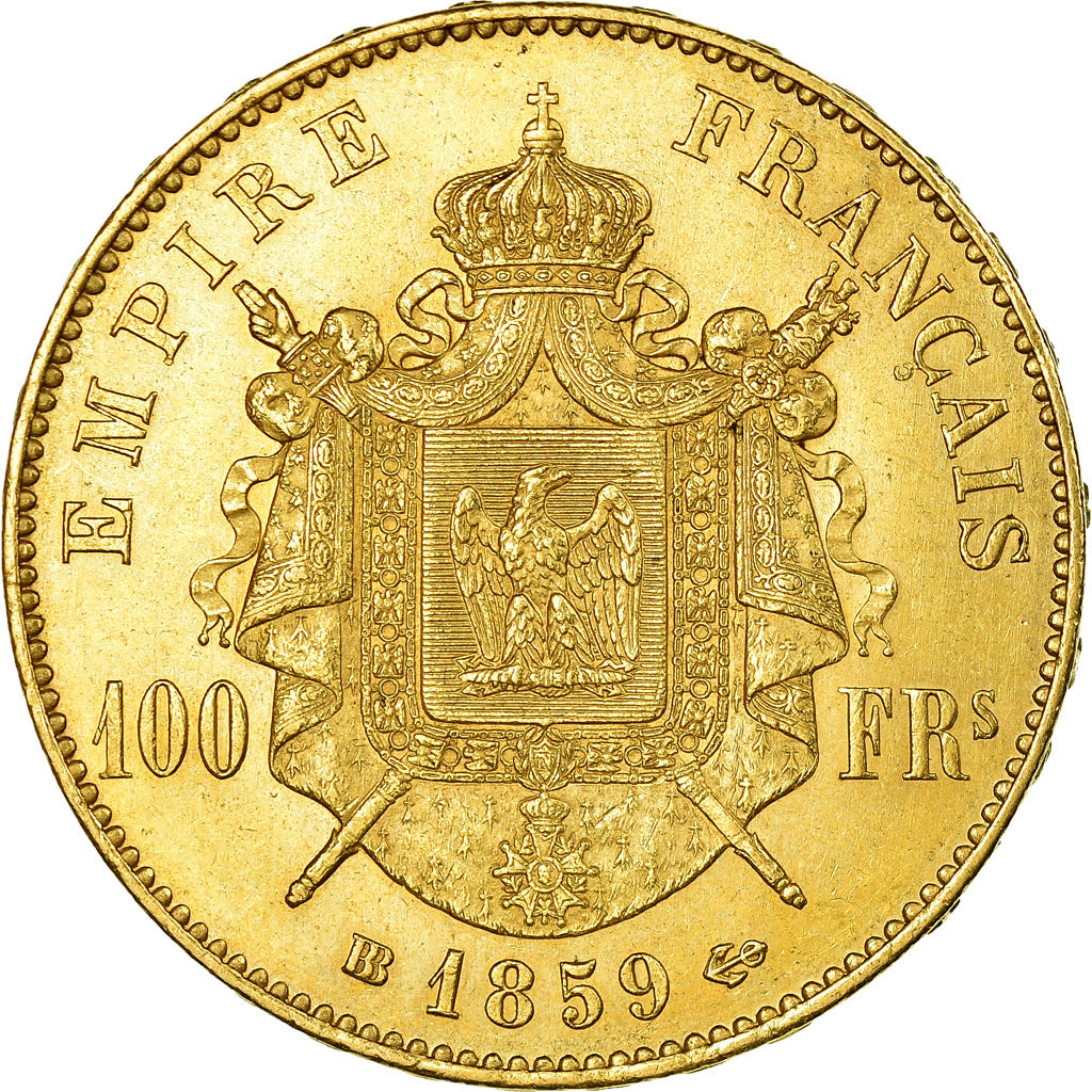 Moneta, Francja, Napoleon III, 100 Francs, 1859, Strasbourg, AU(55-58), Złoto