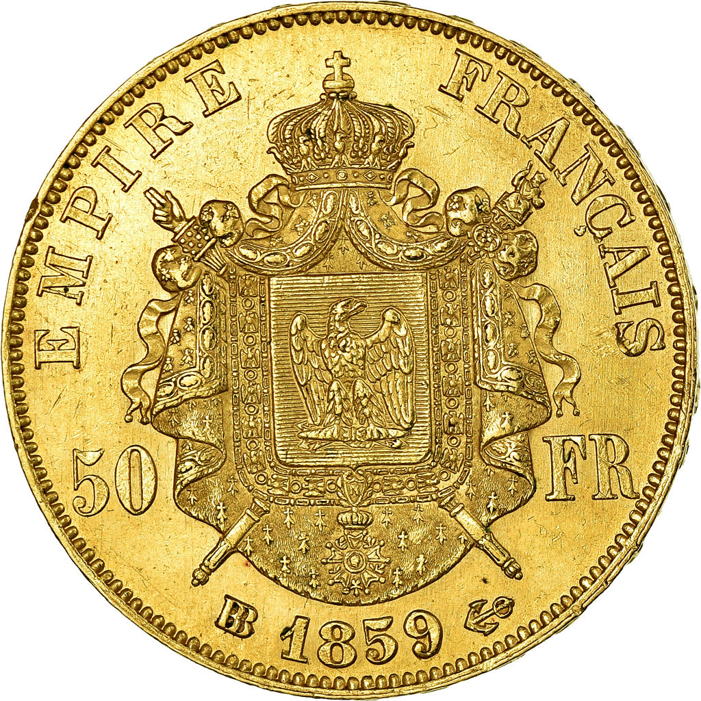 Moneta, Francia, Napoleon III, 50 Francs, 1859, Strasbourg, SPL, Oro