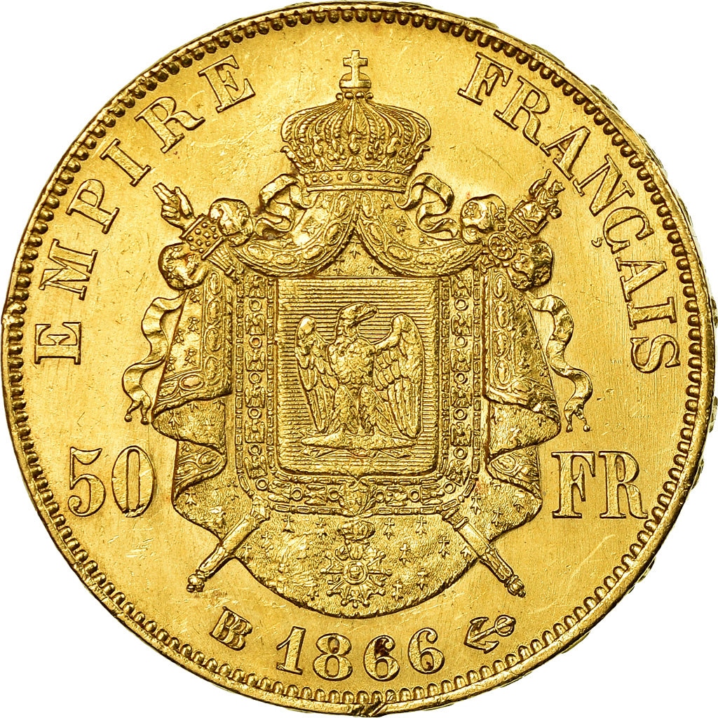 Munten, Frankrijk, Napoleon III, 50 Francs, 1866, Strasbourg, PR, Goud