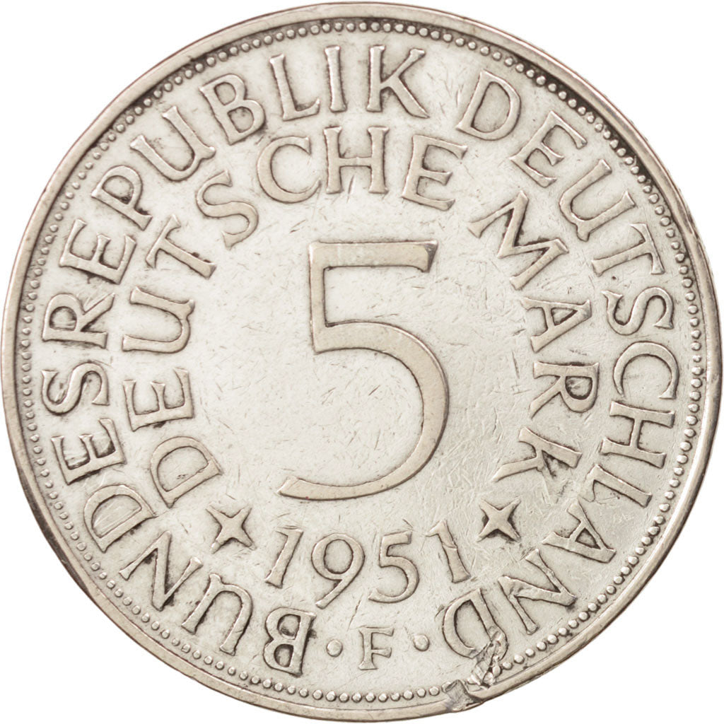 GERMANIA - REPUBBLICA FEDERALE, 5 Mark, 1951, Stuttgart, MB+, Argento, KM:112.1