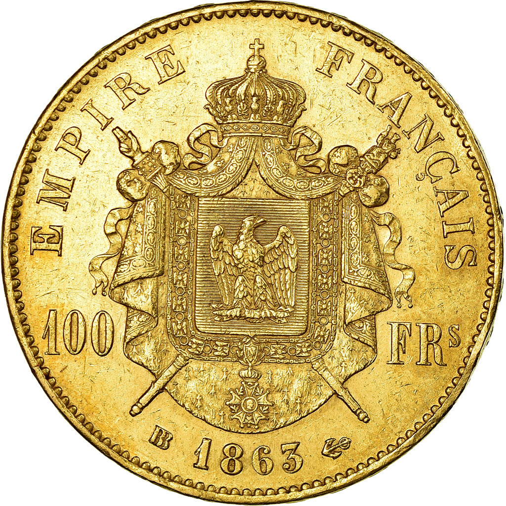 Münze, Frankreich, Napoleon III, 100 Francs, 1863, Strasbourg, VZ, Gold