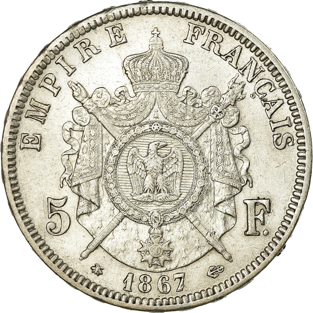 Coin, France, Napoleon III, 5 Francs, 1867, Paris, AU(50-53), Silver
