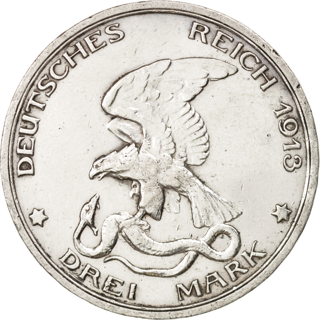 Stati tedeschi, PRUSSIA, Wilhelm II, 3 Mark, 1913, Berlin, MB+, Argento, KM:534