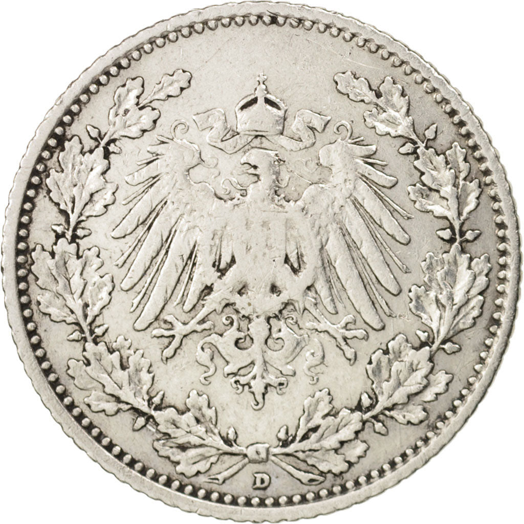 GERMANY - EMPIRE, 1/2 Mark, 1913, Munich, VF(30-35), Silver, KM:17