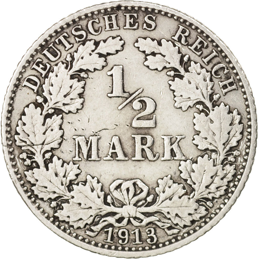 GERMANY - EMPIRE, 1/2 Mark, 1913, Munich, VF(30-35), Silver, KM:17
