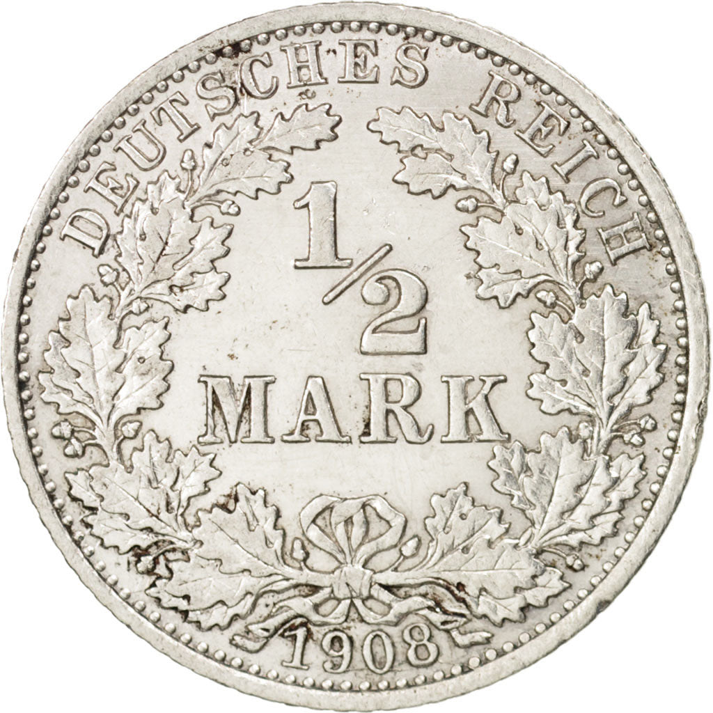 GERMANY - EMPIRE, 1/2 Mark, 1908, Berlin, EF(40-45), Silver, KM:17