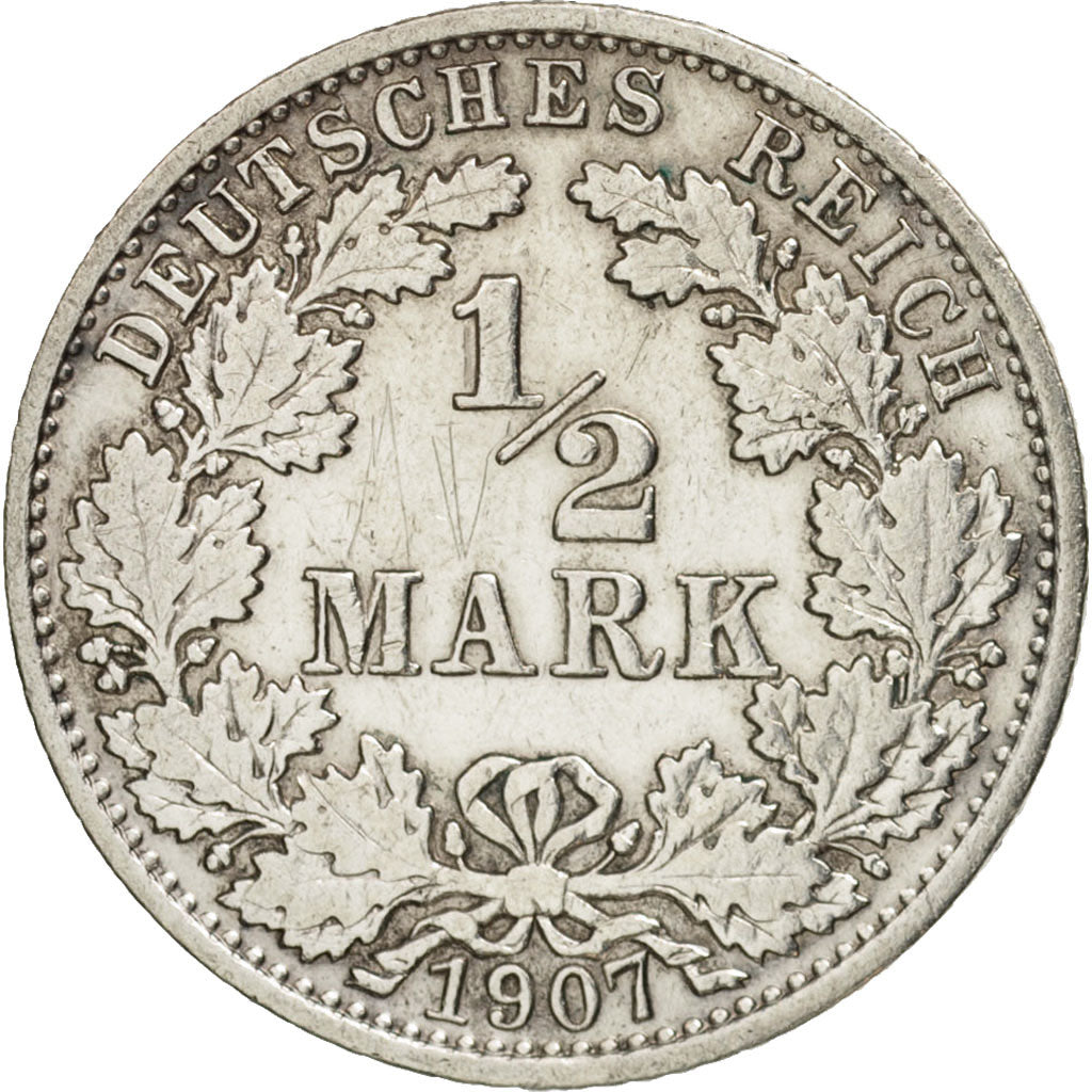 GERMANY - EMPIRE, 1/2 Mark, 1907, Berlin, EF(40-45), Silver, KM:17