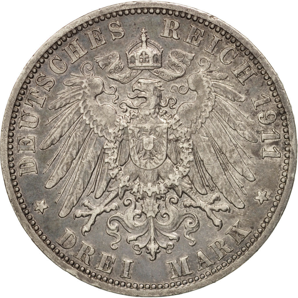 Stati tedeschi, PRUSSIA, Wilhelm II, 3 Mark, 1911, Berlin, BB, Argento, KM:527