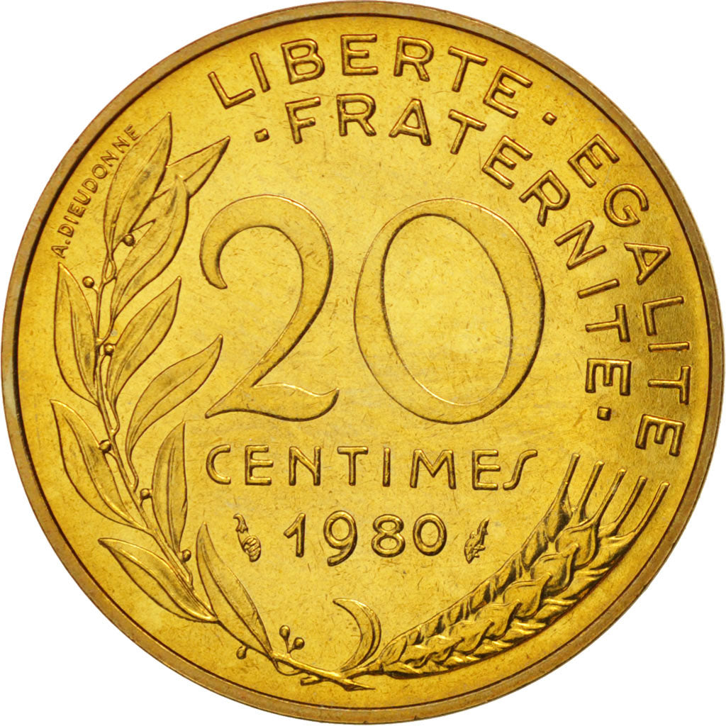 Munten, Frankrijk, Marianne, 20 Centimes, 1980, Paris, UNC-, Aluminum-Bronze