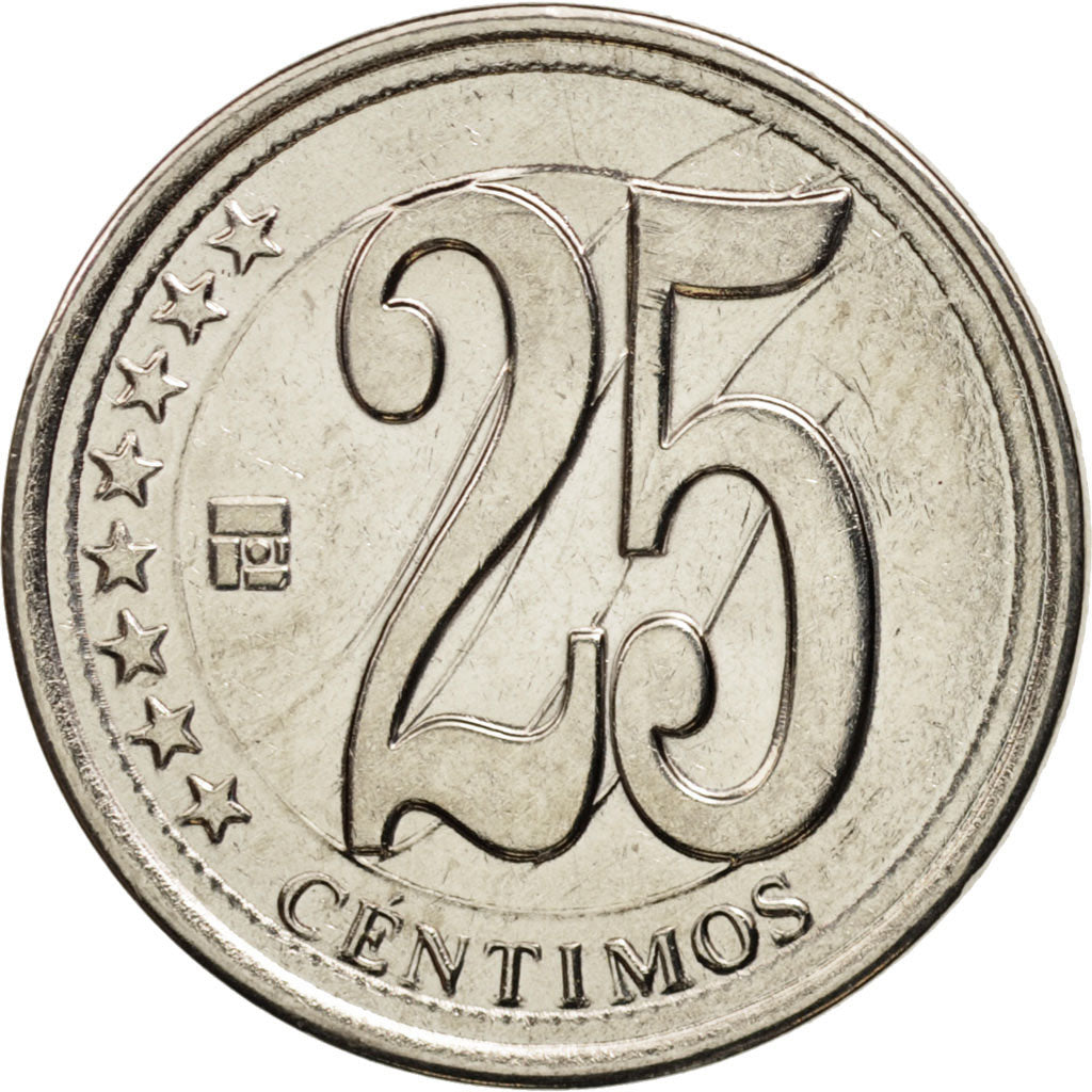 Coin, Venezuela, 25 Centimos, 2010, MS(63), Nickel plated steel, KM:99