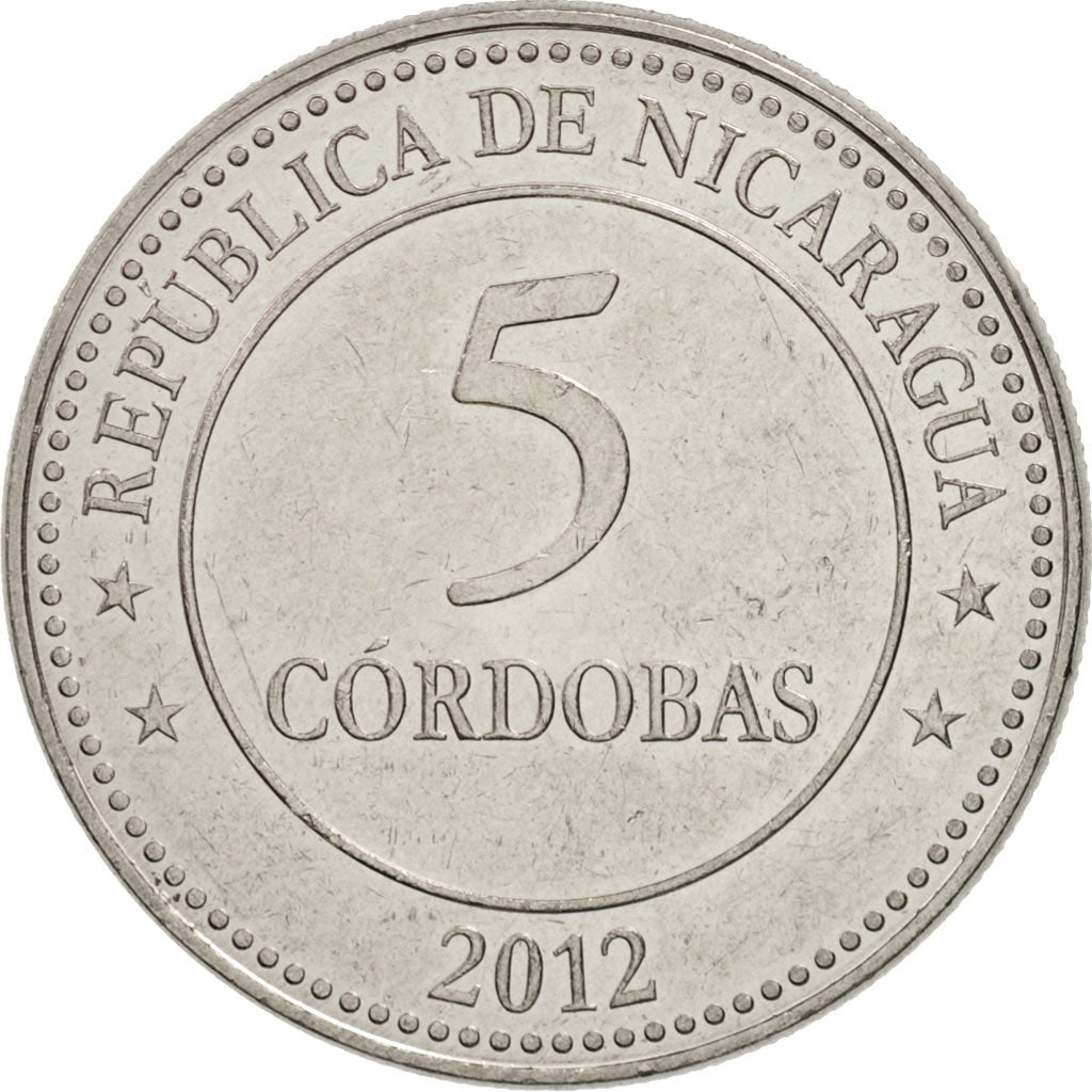 Moneda, Nicaragua, 5 Cordobas, 2012, MBC+, Níquel chapado en hierro, KM:111