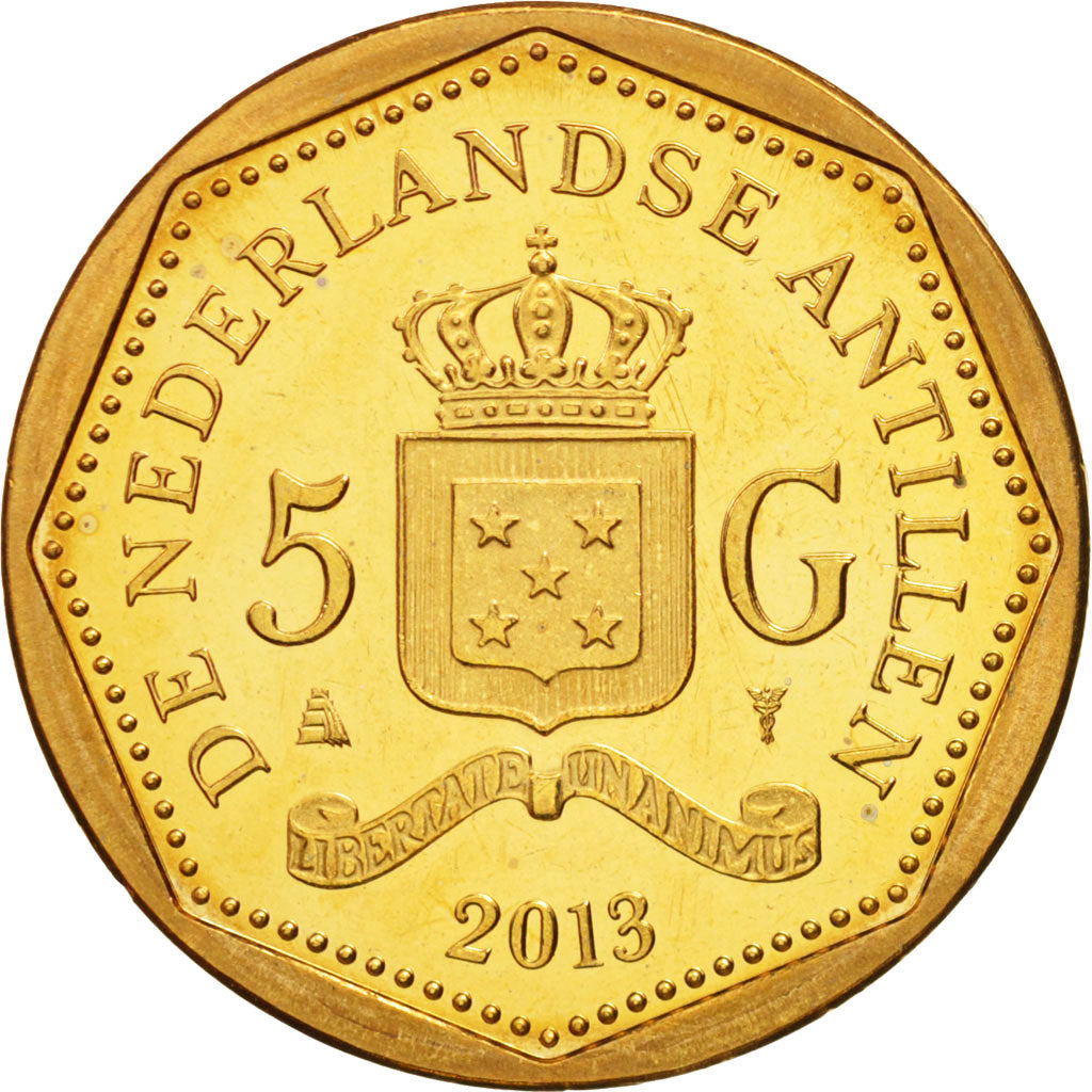 Münze, Netherlands Antilles, 5 Gulden, 2013, UNZ, Aluminum-Bronze