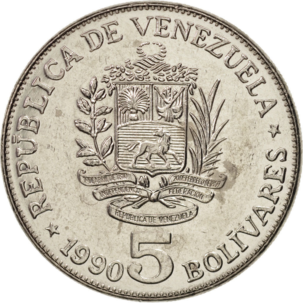 Venezuela, 5 Bolivares, 1990, AU(55-58), Nickel Clad Steel, KM:53a.3