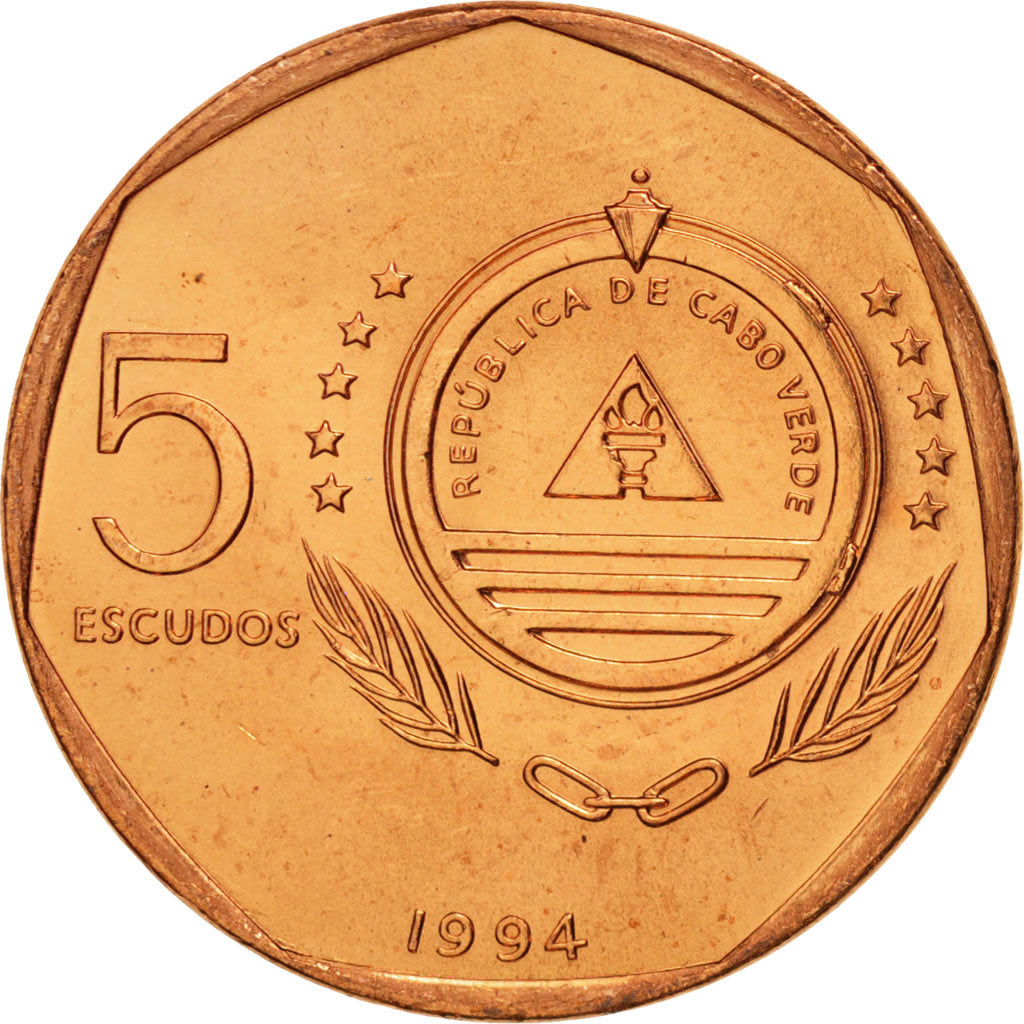 Cape Verde, 5 Escudos, 1994, MS(63), Copper Plated Steel, KM:36