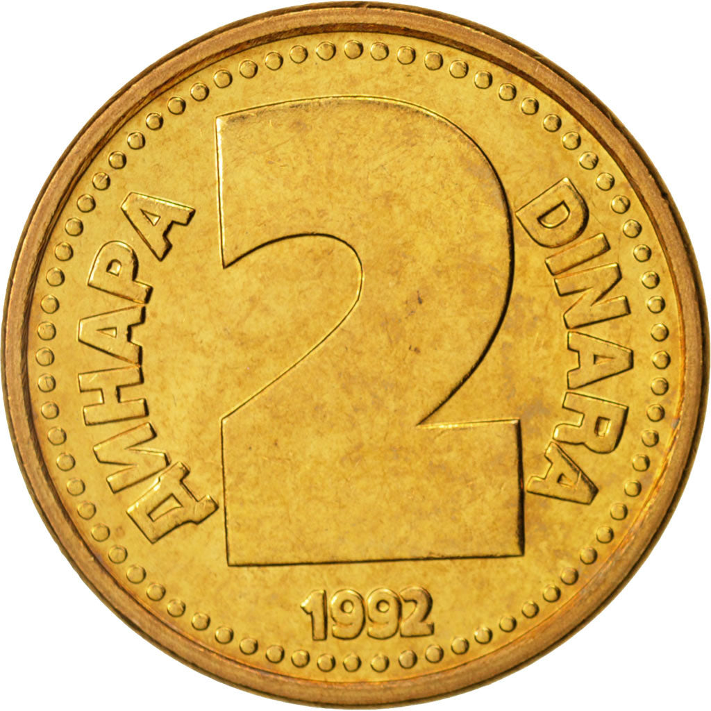 Yugoslavia, 2 Dinara, 1992, MS(63), Brass, KM:150