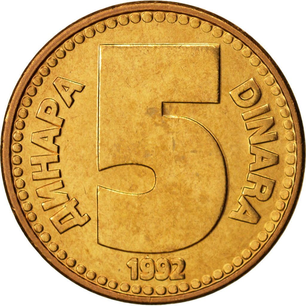Munten, Joegoslaviëe, 5 Dinara, 1992, UNC-, Tin, KM:151