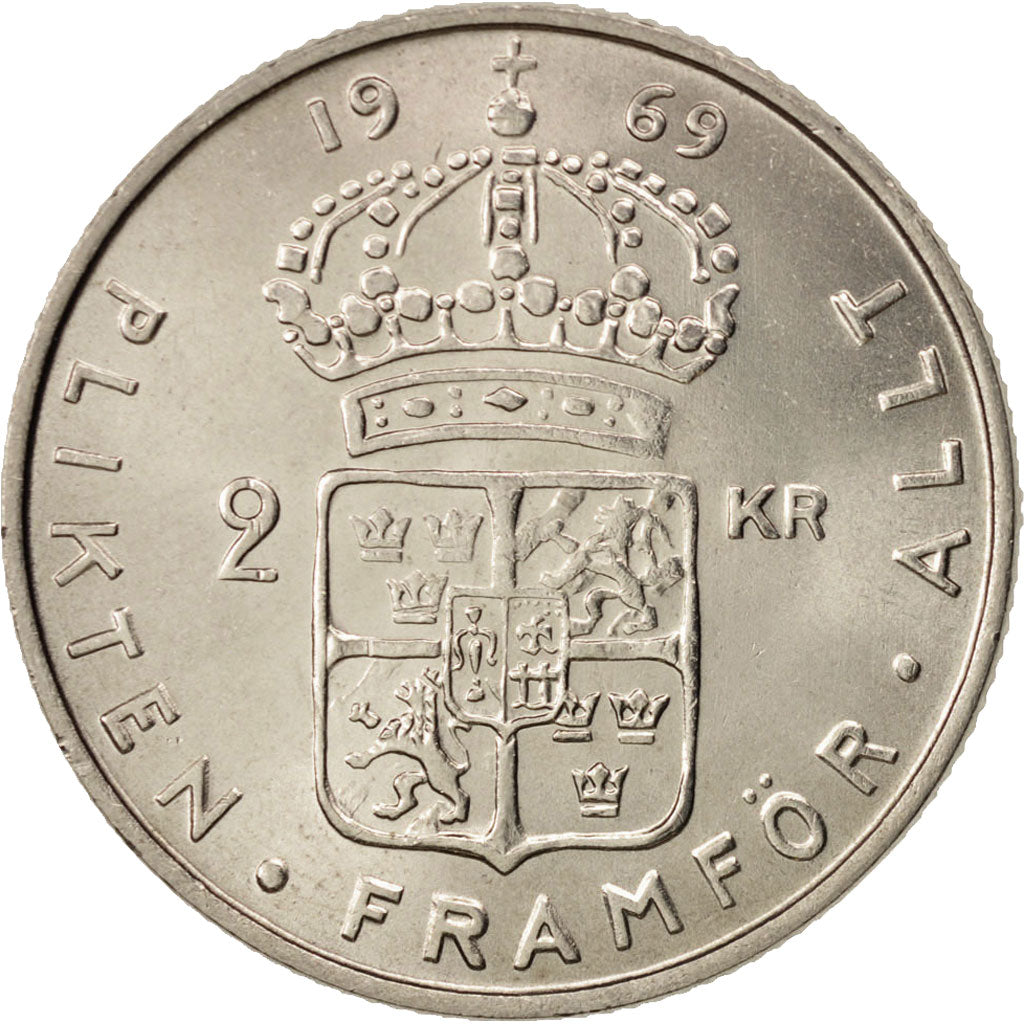 Svezia, Gustaf VI, 2 Kronor, 1969, SPL, Rame-nichel, KM:827a