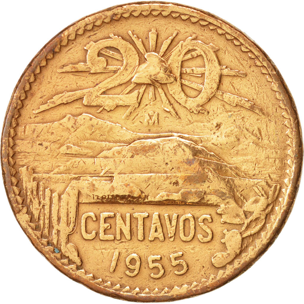 Moneda, México, 20 Centavos, 1955, Mexico City, BC+, Bronce, KM:440