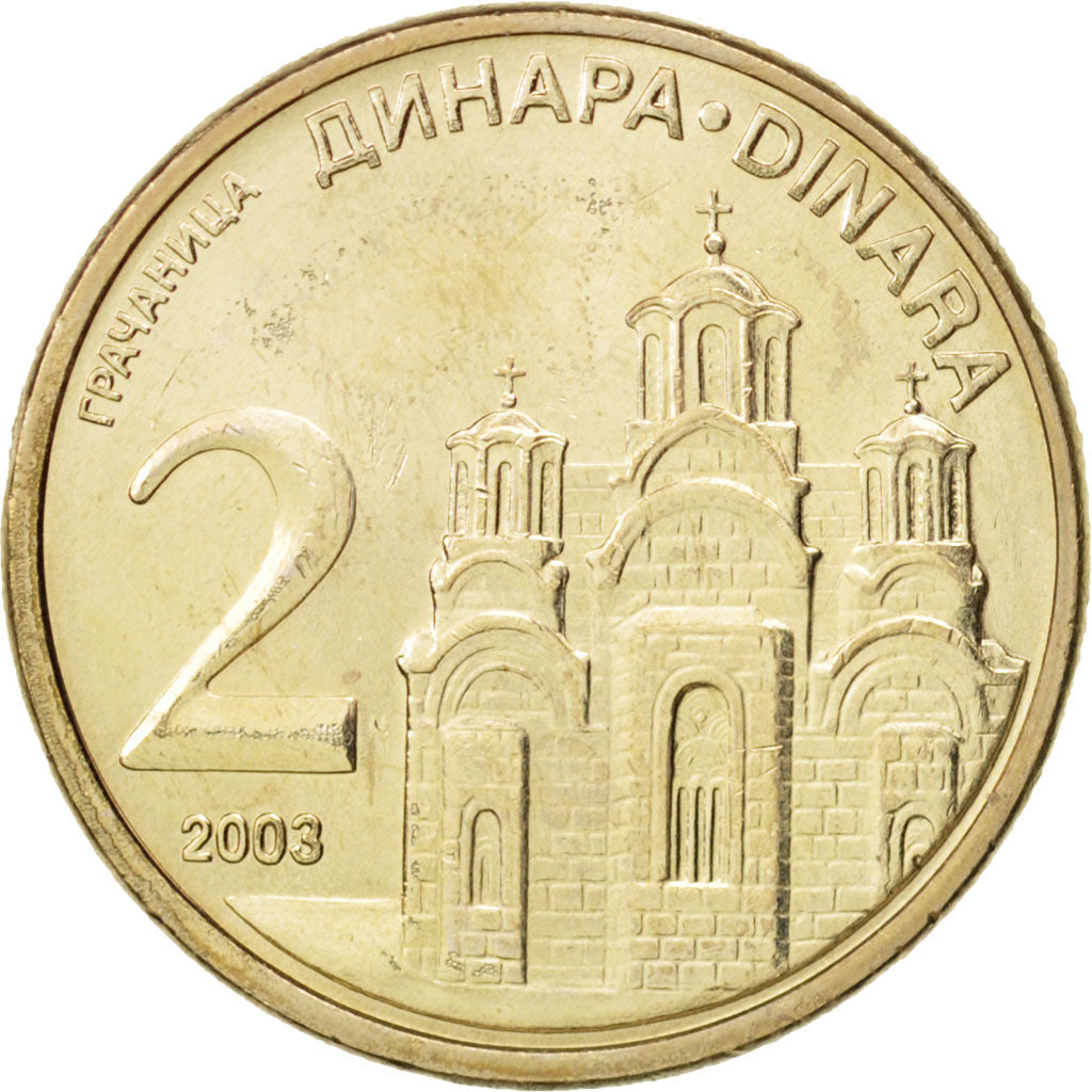 Serbia, 2 Dinara, 2003, MS(63), Copper-Nickel-Zinc, KM:35