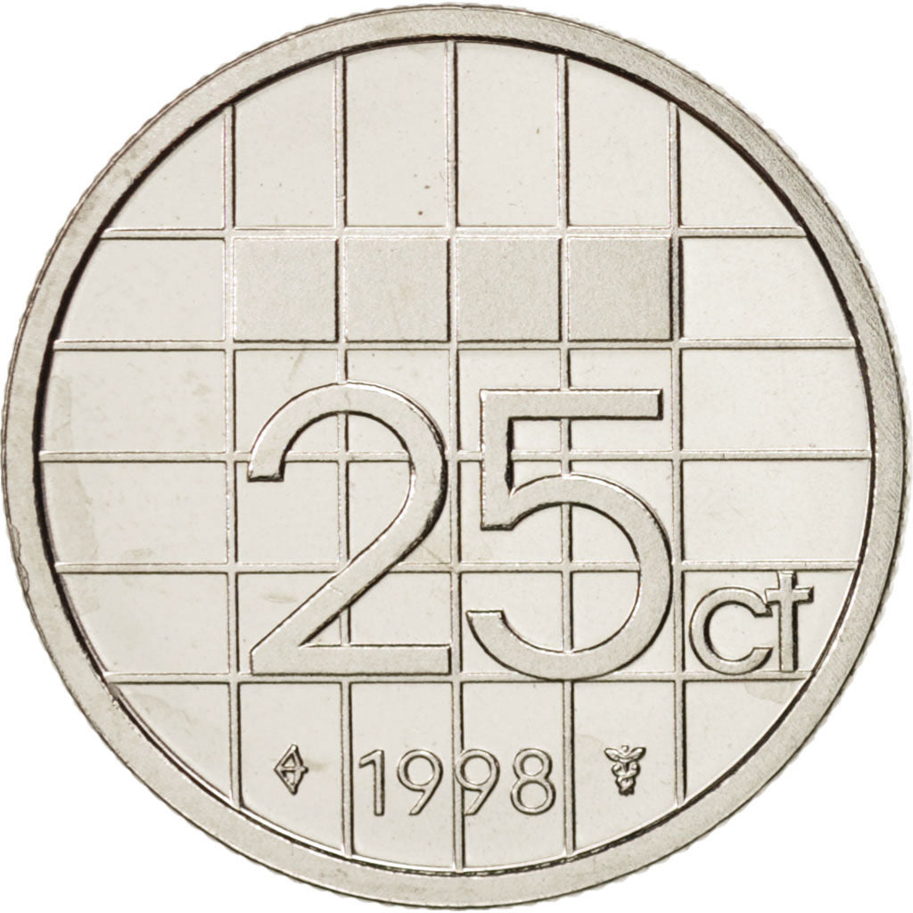 Coin, Netherlands, Beatrix, 25 Cents, 1998, MS(63), Nickel, KM:204