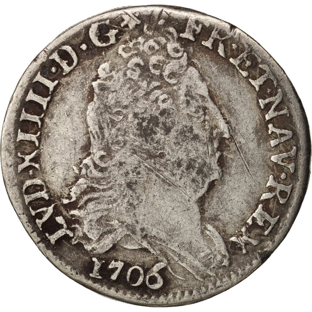 France, Louis XIV, 10 Sols aux insignes, 1706, Rennes, VF, KM:349.12