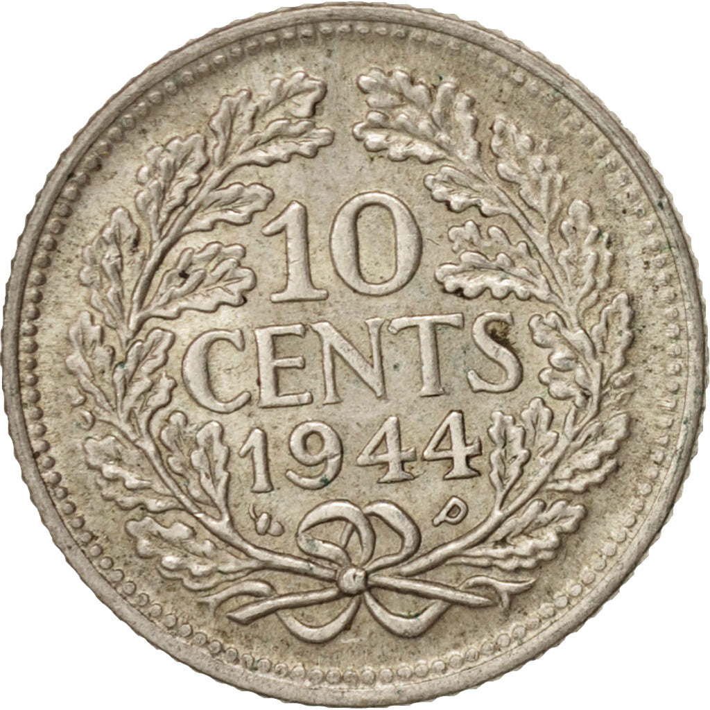 Netherlands, Wilhelmina I, 10 Cents, 1944, AU(50-53), Silver, KM:163