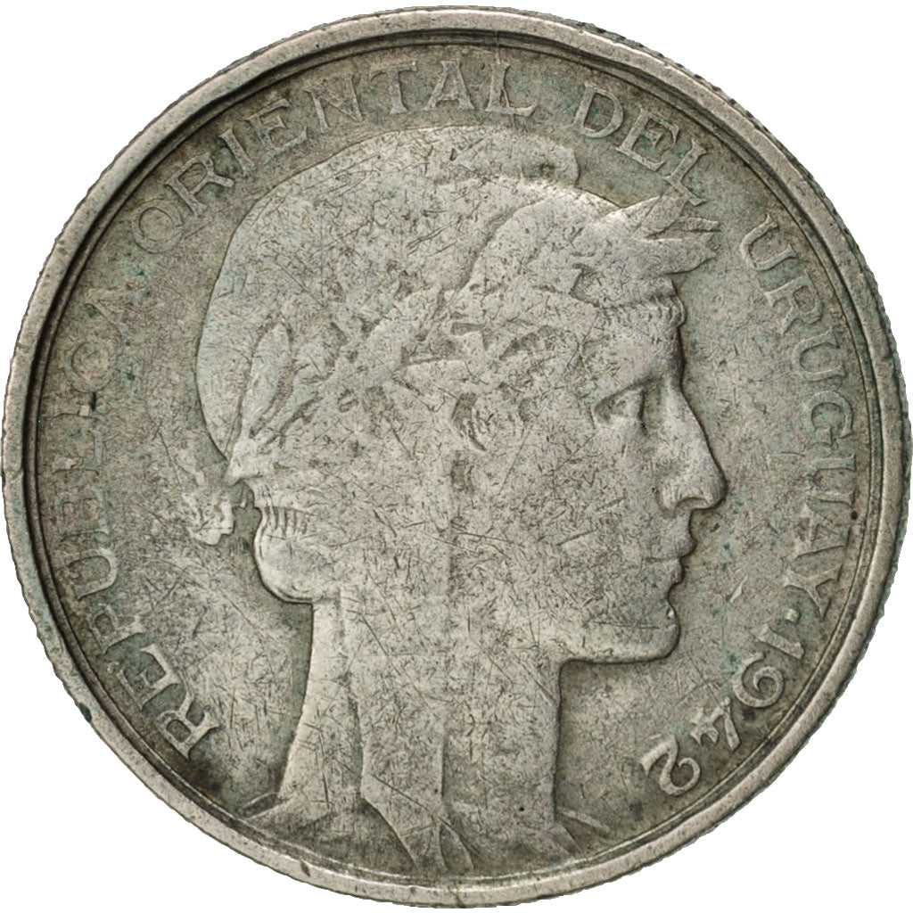 Uruguay, 20 Centesimos, 1942, Santiago, VF(30-35), Silver, KM:29