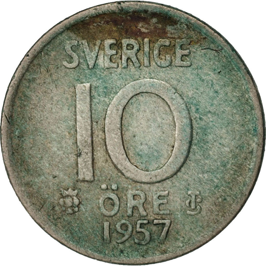 Sweden, Gustaf VI, 10 Öre, 1957, VF(30-35), Silver, KM:823