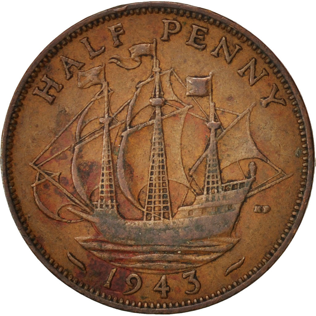 Great Britain, George VI, 1/2 Penny, 1943, VF(30-35), Bronze, KM:844