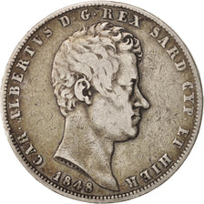 Monnaie, États italiens, SARDINIA, Carlo Alberto, 5 Lire, 1848, Torino, TB