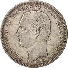 Moneda, Grecia, George I, 5 Drachmai, 1875, Paris, BC+, Plata, KM:46