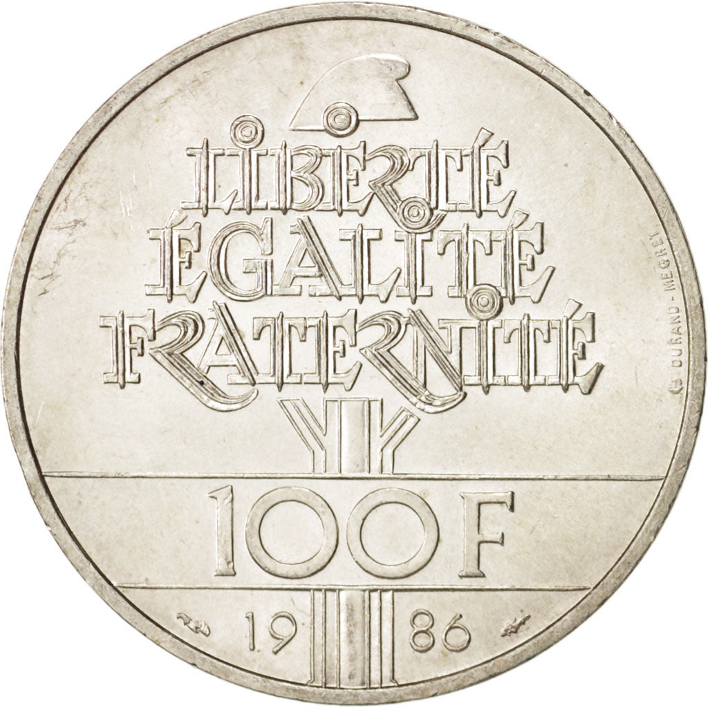 Coin, France, Statue de la Liberté, 100 Francs, 1986, Paris, AU(55-58), Silver