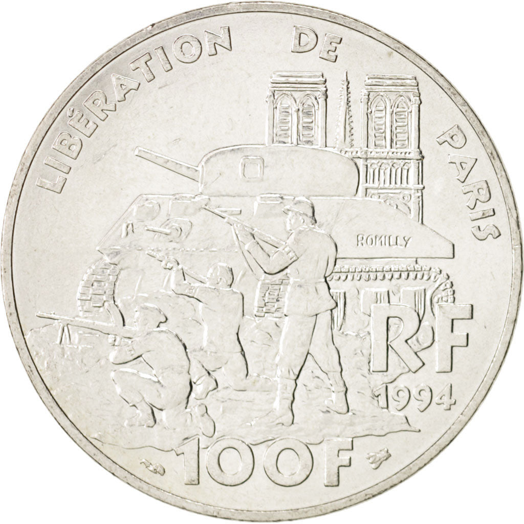 France, Libération de Paris, 100 Francs, 1994, MS(63), Silver, KM:1045.1