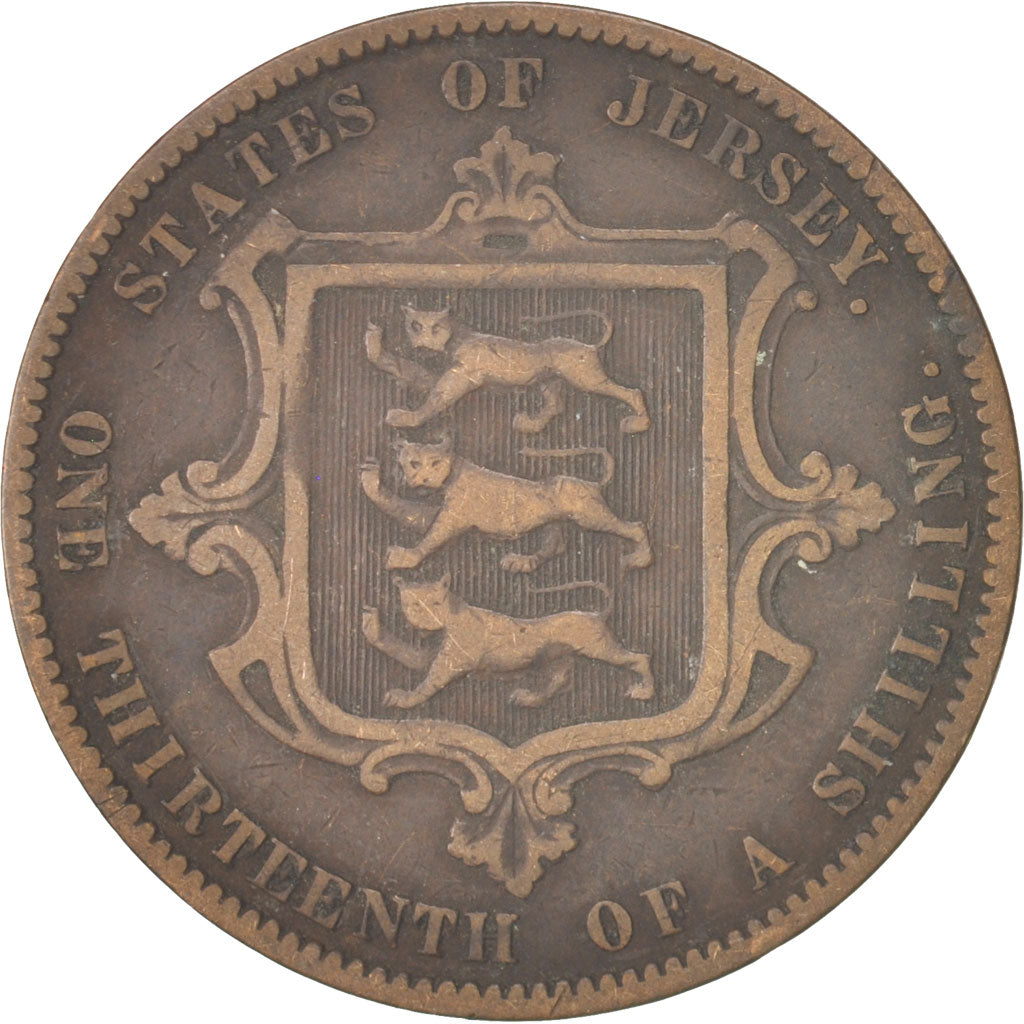 Jersey, Victoria, 1/13 Shilling, 1866, VF(20-25), Bronze, KM:5